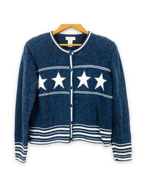 Vtg Christopher & Banks Womens Medium Knit Cardigan Blue White Stars & Stripes